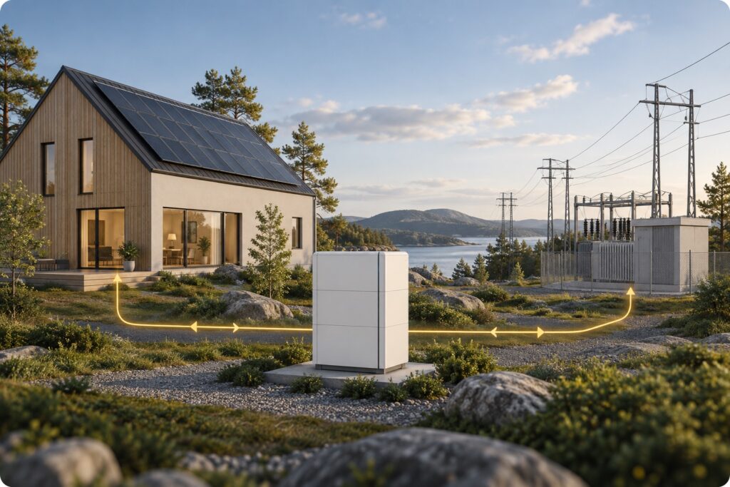 Illustration: ett batteri kopplar samman en fastighet med solceller och elnätet.