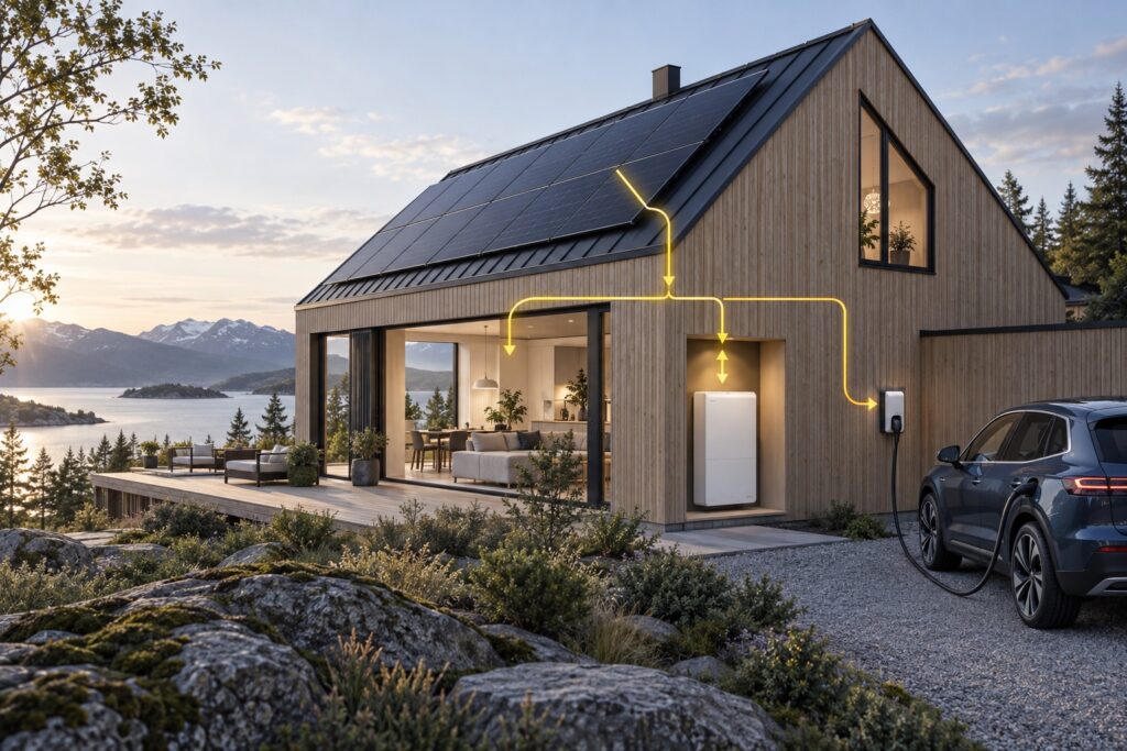 Illustration av solceller som försörjer ett hus, ett batteri och en elbil via laddbox.